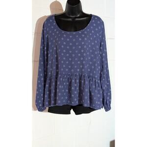 Candace Cameron Bure Blue Floral Print Long Sleeve Peplum Top Blouse Large